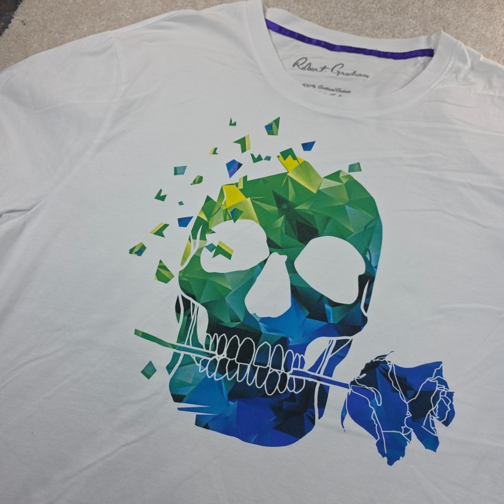 Robert Graham T-Shirt Mens XLT White Skull Print Cotton Crew Neck Short Sleeve
